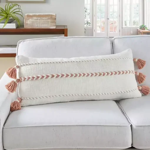 White and Blush Braided Stripe Lumbar Pillow
