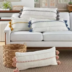 White and Blush Braided Stripe Lumbar Pillow