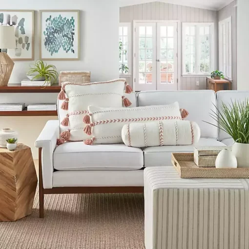 White and Blush Braided Stripe Lumbar Pillow