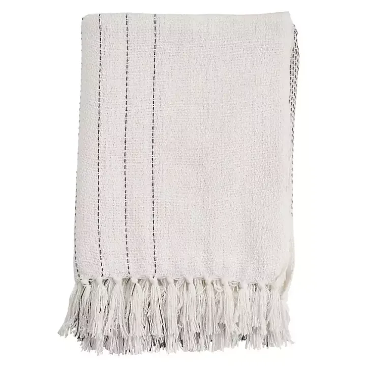 White and Gray Striped and Fringe Throw Blanket