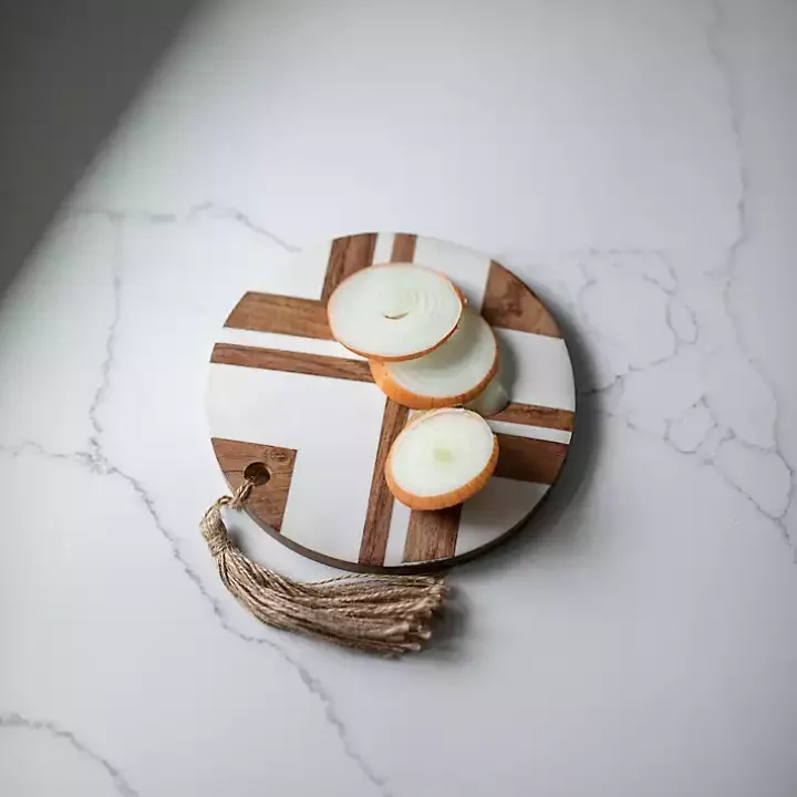 White and Natural Wood Geometric Cutting Board