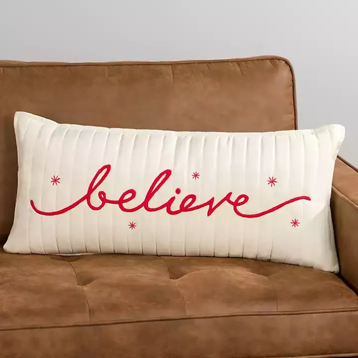 White and Red Believe Lumbar Pillow
