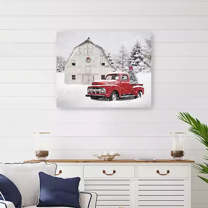 White Barn Red Truck Christmas Tree Canvas Print