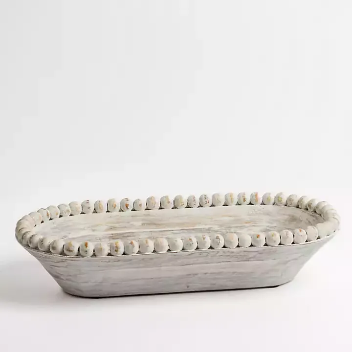 White Beaded Wood Dough Bowl