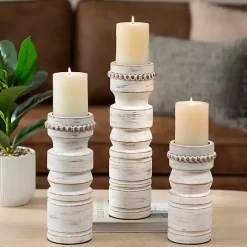 White Beaded Wood Pillar Candle Holder, 11 in.