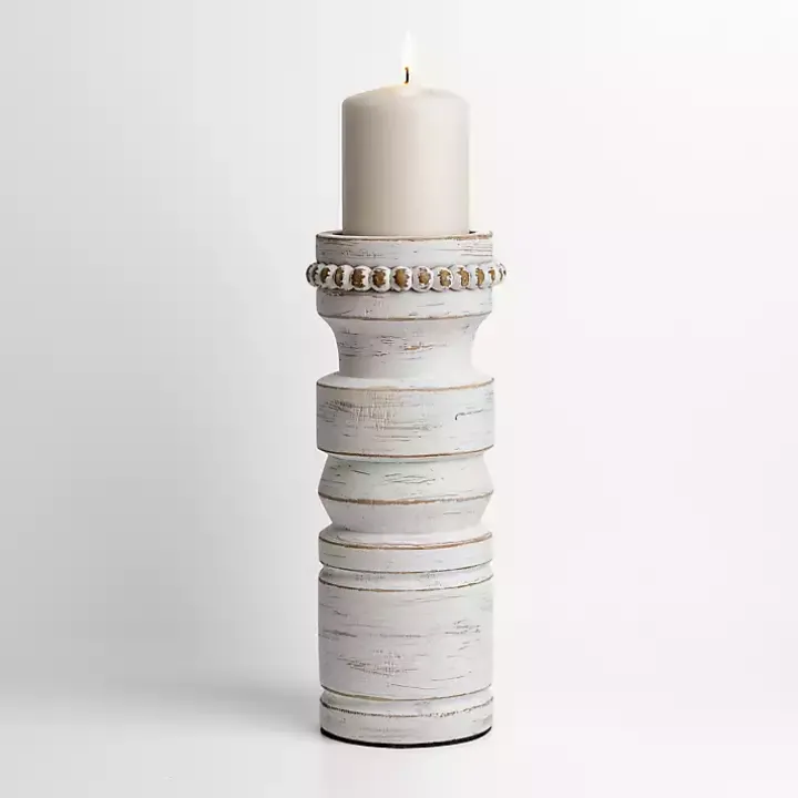 White Beaded Wood Pillar Candle Holder, 11 in.