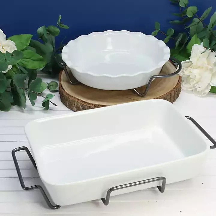 White Ceramic Baker and Pie Dish Set with Racks