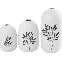 White Ceramic Berry and Fern Vases, Set of 3