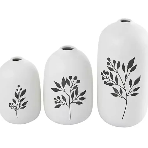 White Ceramic Berry and Fern Vases, Set of 3
