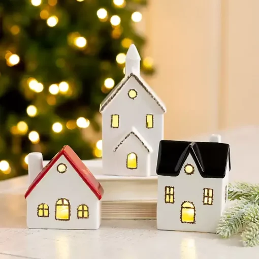 White Ceramic House & Church 3-pc. Figurine Set