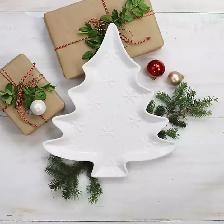 White Christmas Tree & Snowflakes Serving Platter