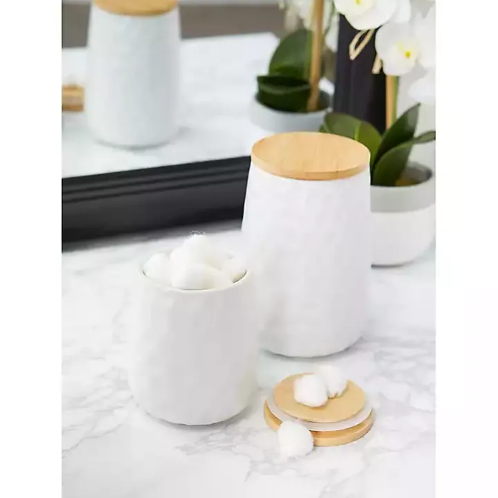 White Dimpled Bamboo Canisters, Set of 2