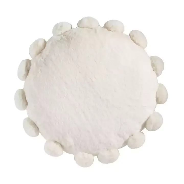 White Faux Fur Round Pom Pom Throw Pillow