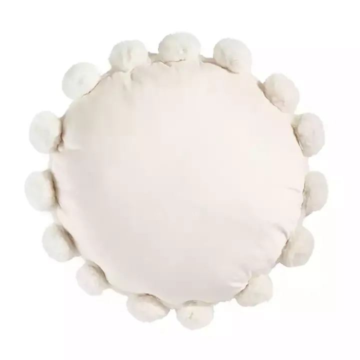 White Faux Fur Round Pom Pom Throw Pillow
