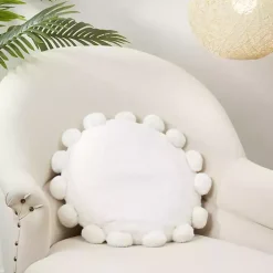 White Faux Fur Round Pom Pom Throw Pillow