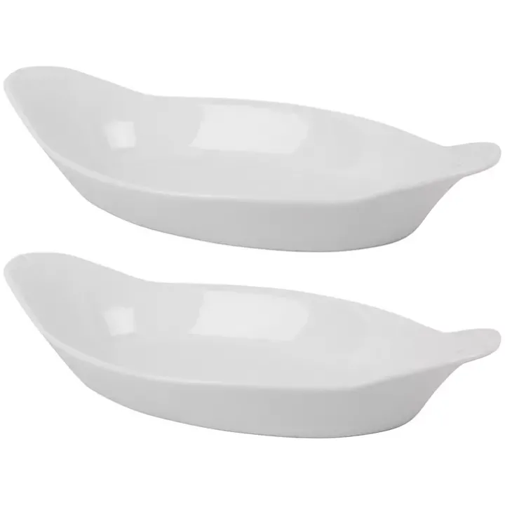 White Porcelain Oval Bakers with Handles, Set of 2