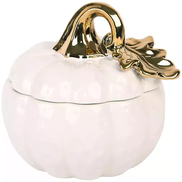 White Pumpkin Bowl with Gold Leaf Lid, 8 in.