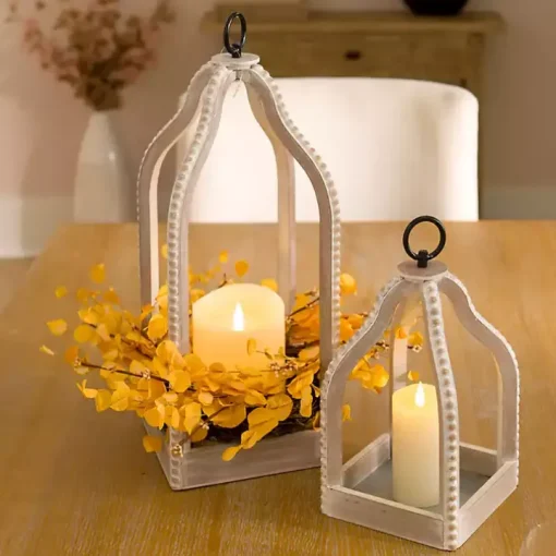 White Washed Beaded Open Lantern, 14 in.