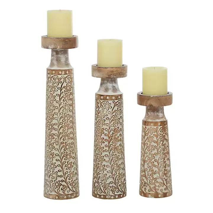 White Washed Floral Wood Candle Holders, Set of 3