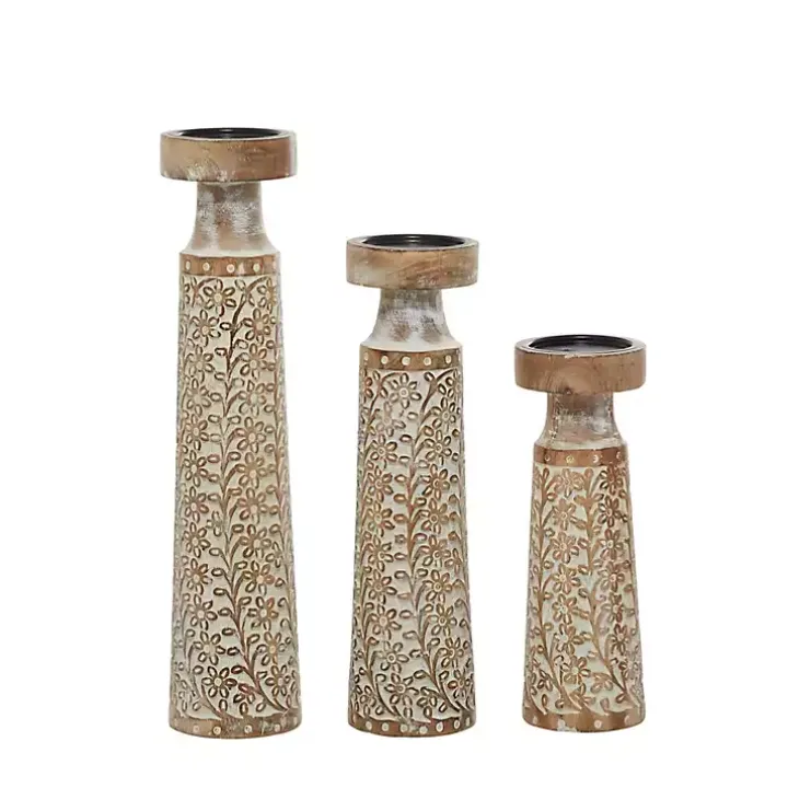 White Washed Floral Wood Candle Holders, Set of 3