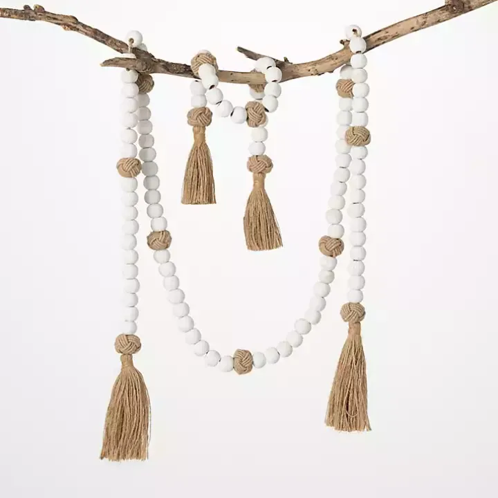 White Wood and Jute Beaded Garlands, Set of 2