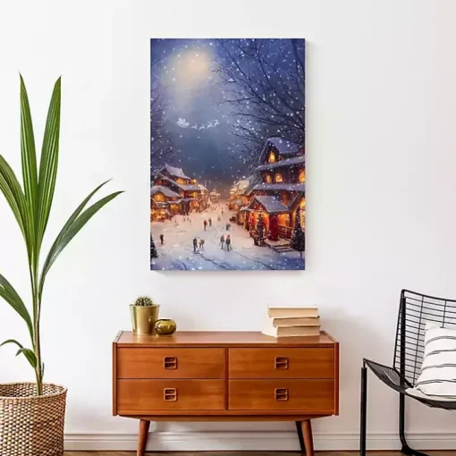 Winter Village at Night Canvas Art Print
