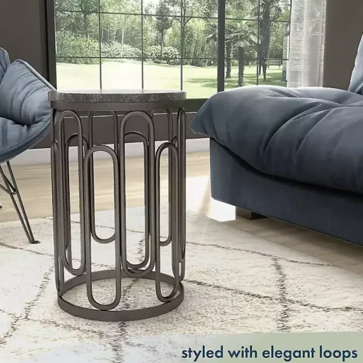 Black Stone and Metal Geometric Accent Table