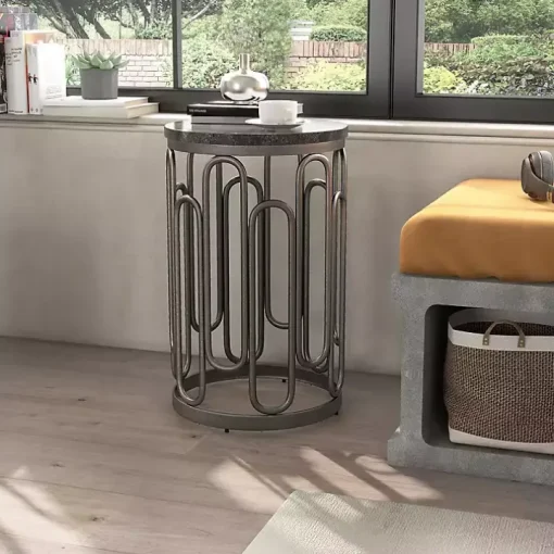 Black Stone and Metal Geometric Accent Table