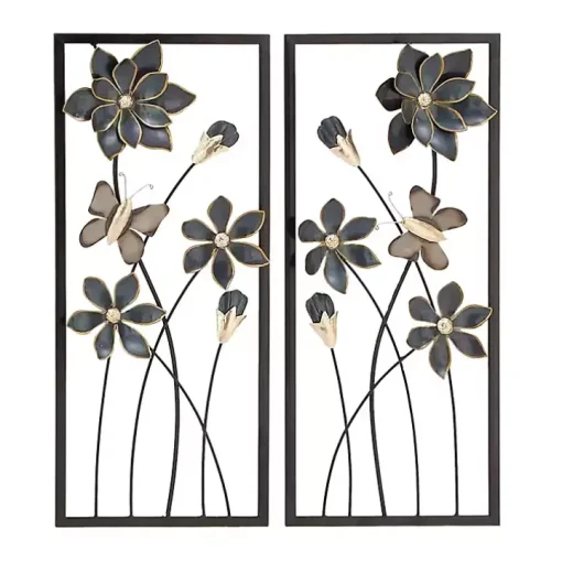 Blue Floral and Butterfly Wall Plaques, Set of 2