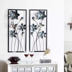 Blue Floral and Butterfly Wall Plaques, Set of 2