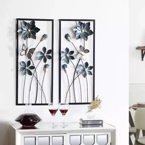 Blue Floral and Butterfly Wall Plaques, Set of 2