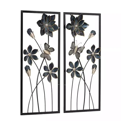 Blue Floral and Butterfly Wall Plaques, Set of 2