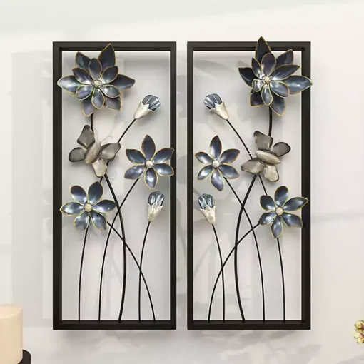 Blue Floral and Butterfly Wall Plaques, Set of 2