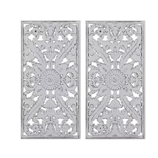 Botanical Wood Carved Panel Wall Plaques, Set of 2