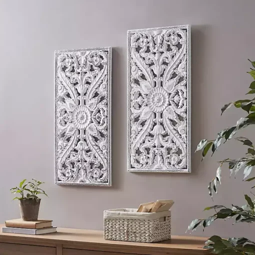 Botanical Wood Carved Panel Wall Plaques, Set of 2