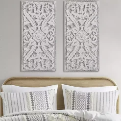 Botanical Wood Carved Panel Wall Plaques, Set of 2