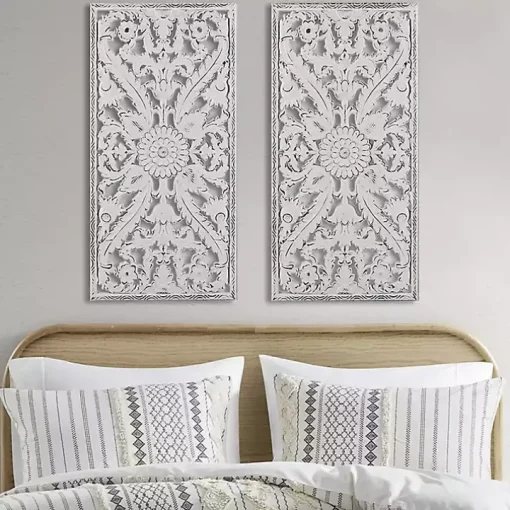 Botanical Wood Carved Panel Wall Plaques, Set of 2