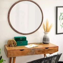 Brown Fir Wood Round Wall Mirror