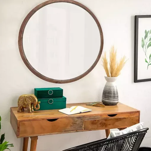 Brown Fir Wood Round Wall Mirror