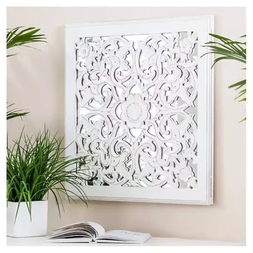 Distressed Cream Carved Floral Medallion Mirror