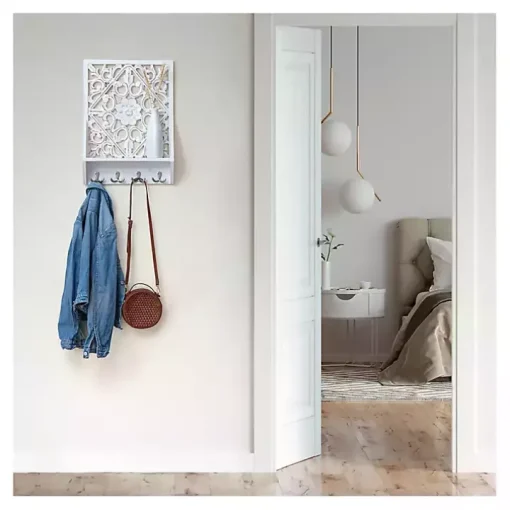 Distressed White Floral Carved Wall Shelf