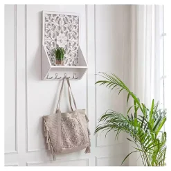 Distressed White Floral Carved Wall Shelf