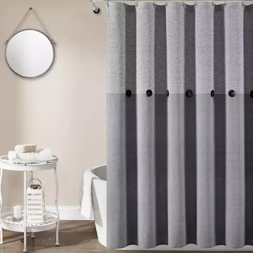 Gray Button and Stripe Shower Curtain
