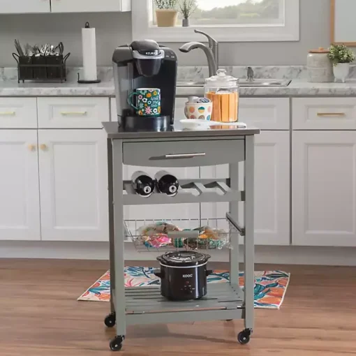 Gray Wood and Stainless Steel Kitchen Cart