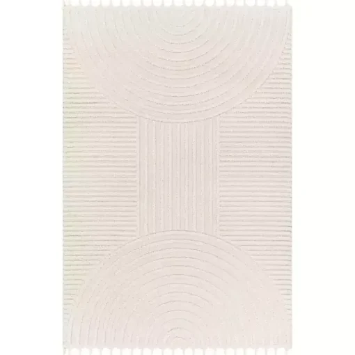 Ivory Geometric Lines Tassel Area Rug, 5x7