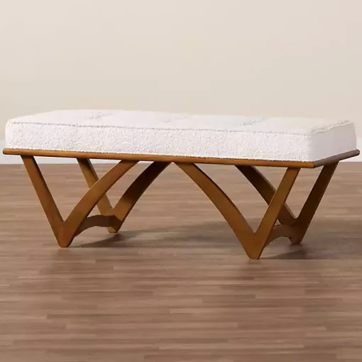 Mid-Century Modern White Boucle Angled Bench