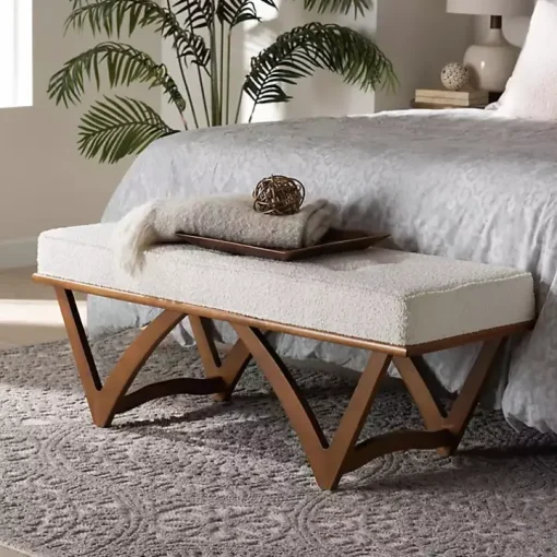 Mid-Century Modern White Boucle Angled Bench