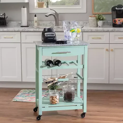 Mint Green Rolling Kitchen Cart with Granite Top