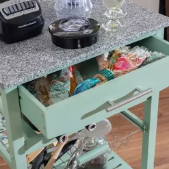 Mint Green Rolling Kitchen Cart with Granite Top
