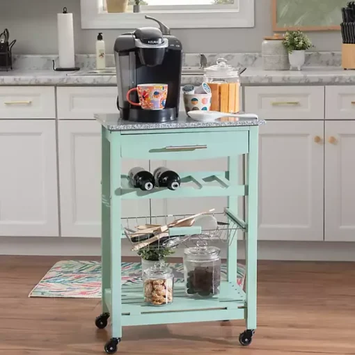 Mint Green Rolling Kitchen Cart with Granite Top